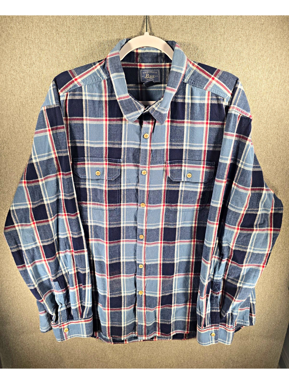 G.H. Bass & Co. Men's 2XL Blue Plaid Cotton Flannel Button-Up Shirt Pockets